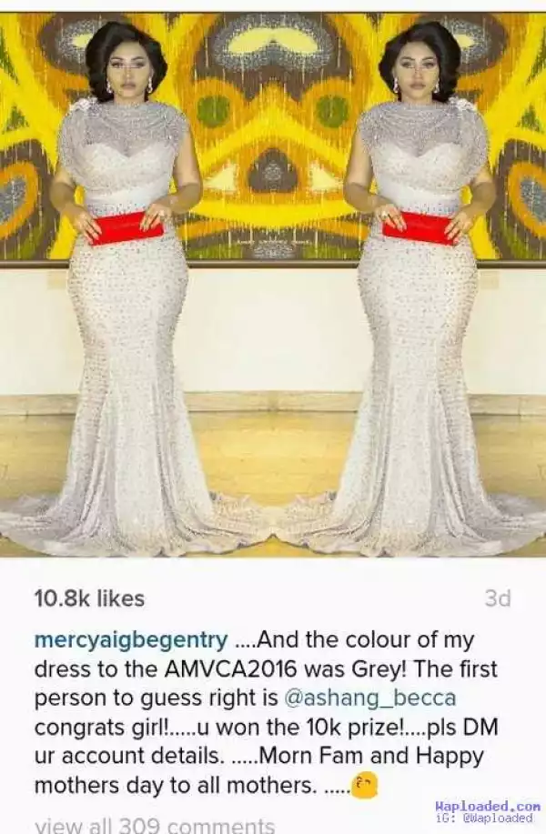 Photo: Actress Mercy Aigbe Rewards Fan With N10k For Predicting The Color Of Her AMVCA Outfit